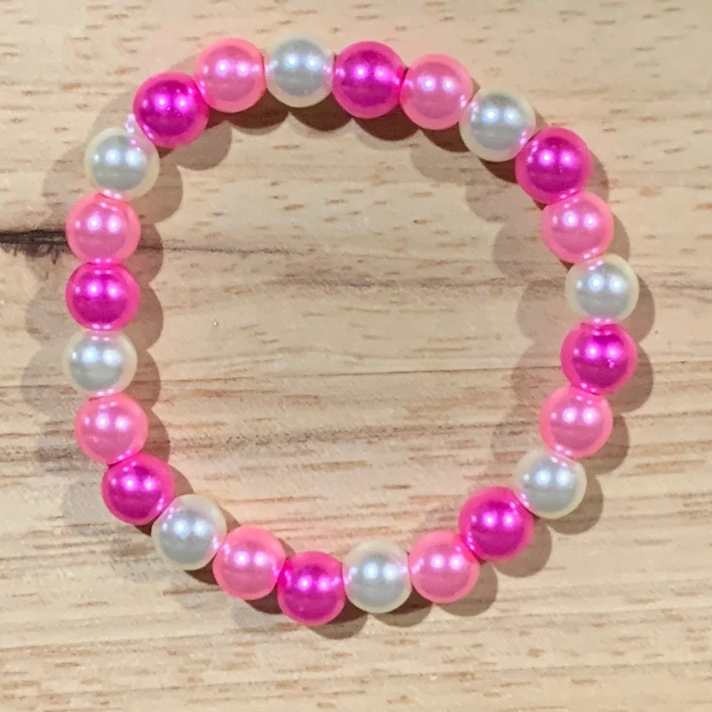 Handmade Beaded Bracelet Women OS 3-Piece Set Pink Yellow White Faux Pearl Stack